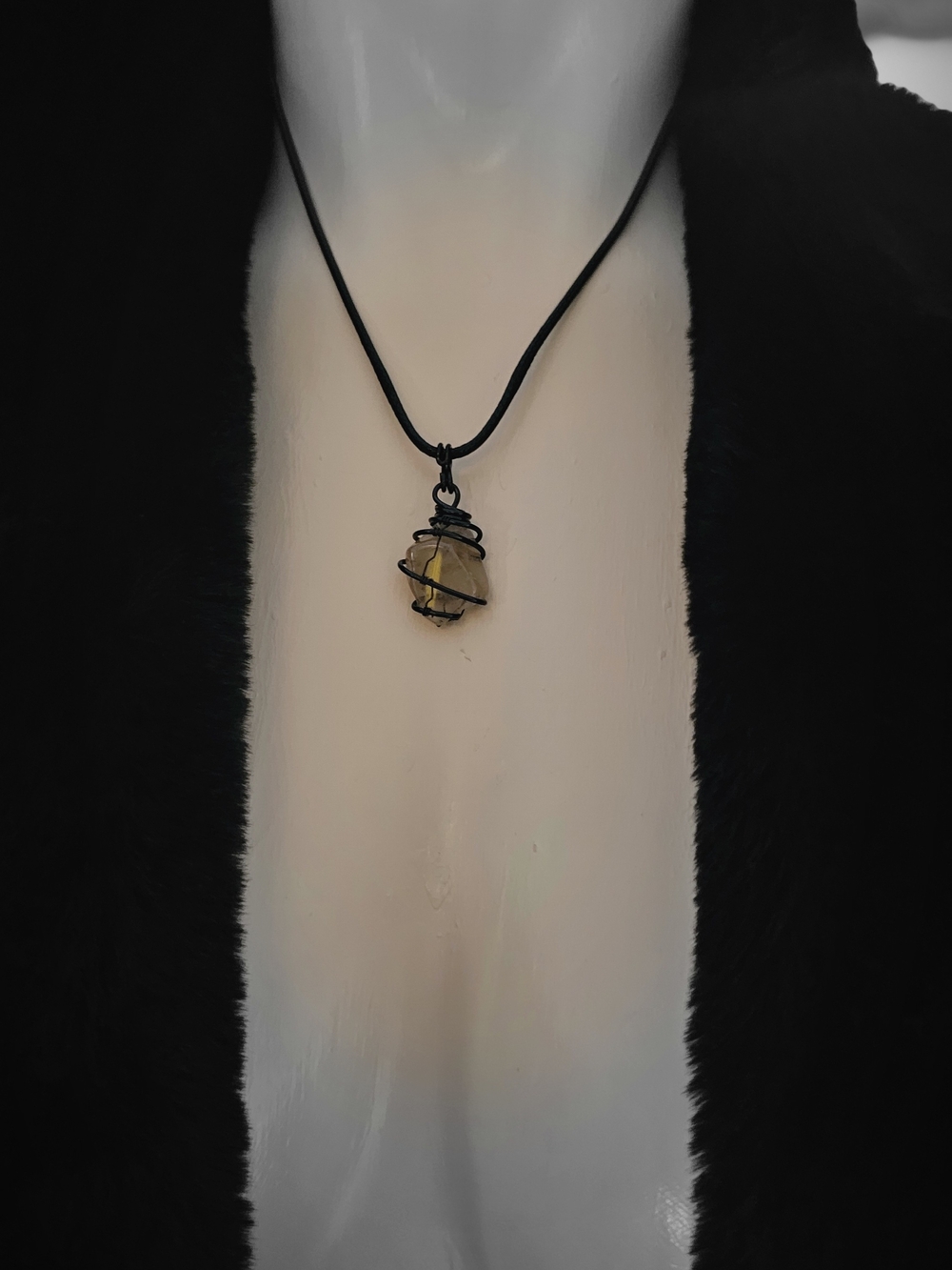 Handcrafted Quartz Gemstone Wire-Wrap Pendant Necklace - Black Cord(136)